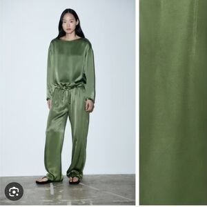 ❤️ ZARA SATIN EFFECT HIGH RISE STRAIGHT LEG PANTS, GREEN, SMALL